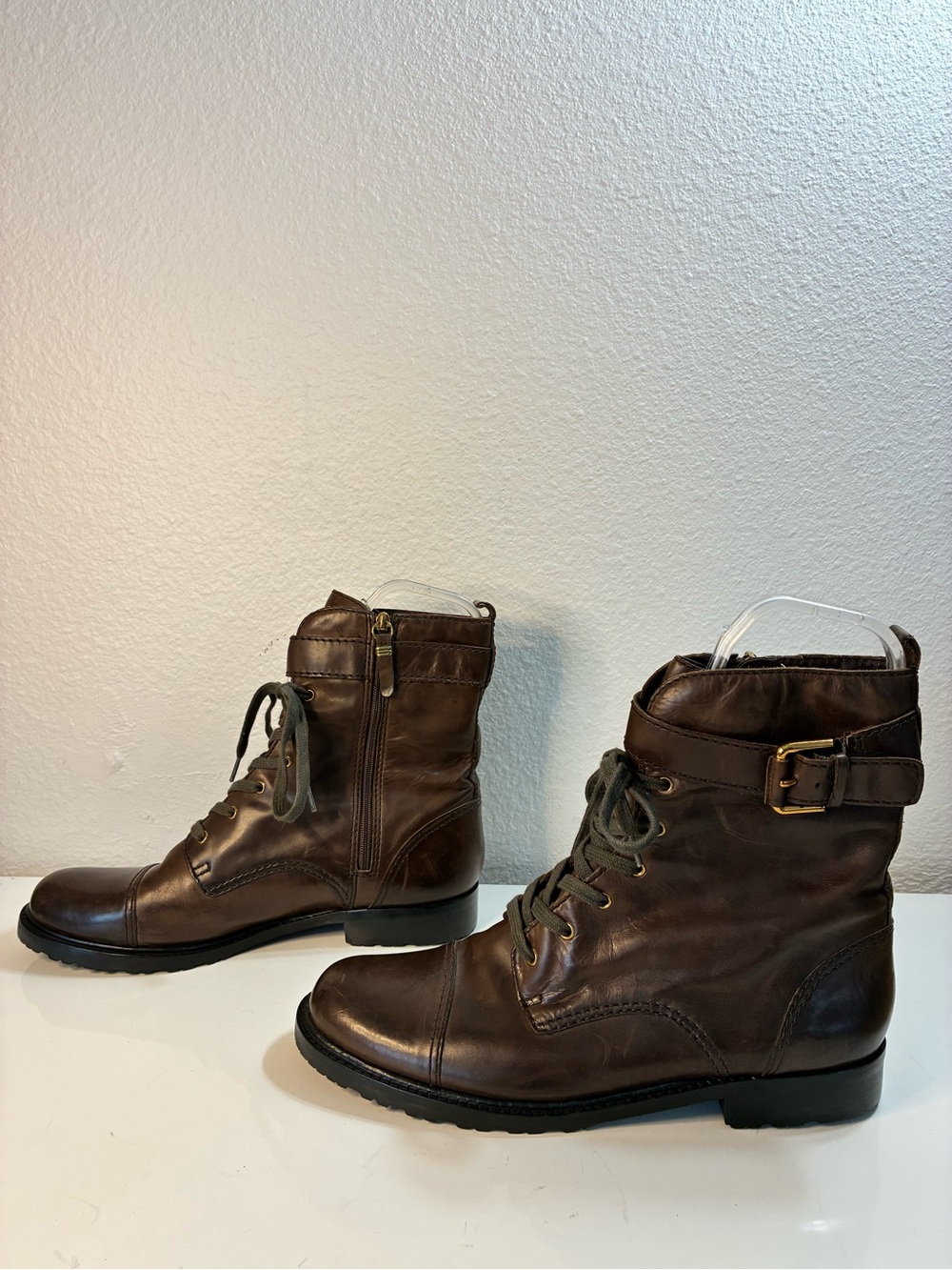 Via Spiga 10 Dark Brown Leather Lace-Up Combat Boots with Buckle & Zipper READ